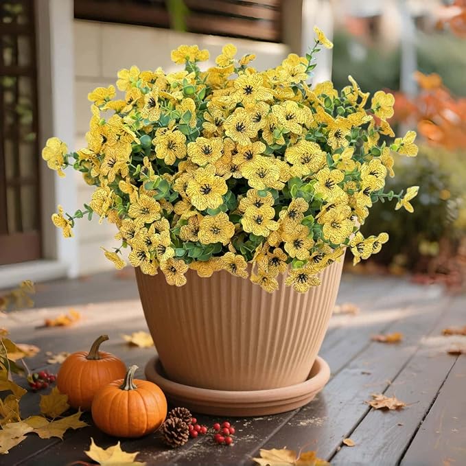 XccJLYB Artificial Flowers for Outdoor UV Resistant Fake Plants, 12 Bundles Fake Mums Silk Daisy in Pots for Porch Patio Garden, Faux Potted Home Decor for Outside (Yellow)