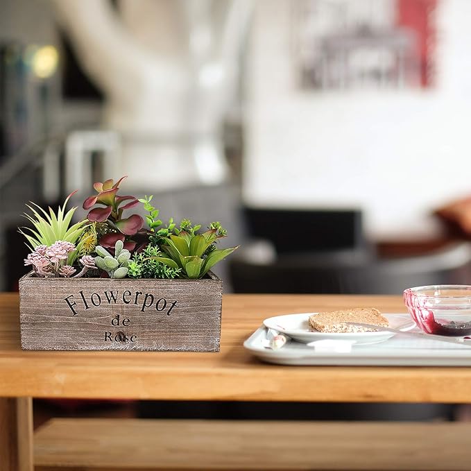 Hopewood Artificial Succulent Plants Arrangement in Wooden Planter, Fake Succulents Plants in Rustic Wood Box, Faux Succulent in Rectangular Pot, Centerpiece, Home Office Shelf Indoor Decor Plants