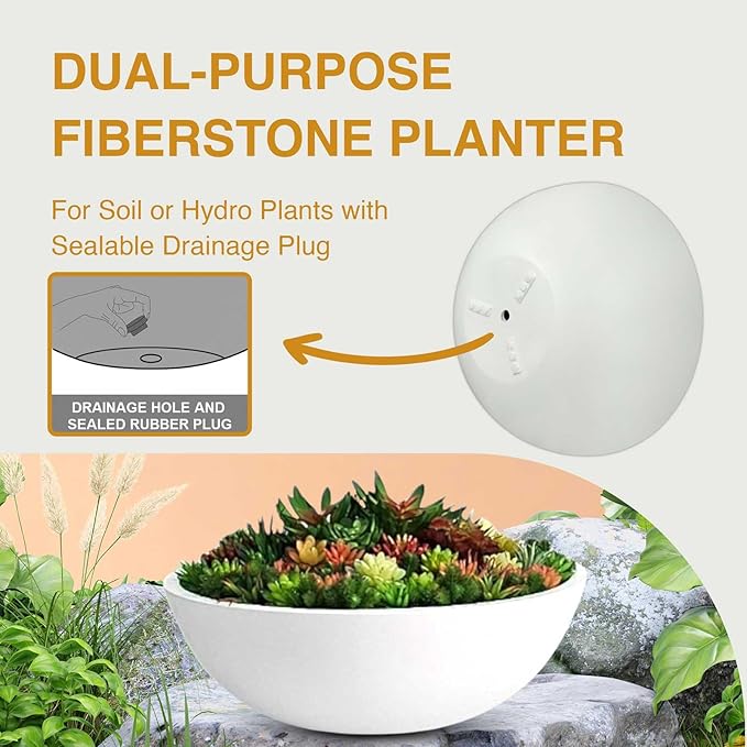 KUTE NEST 7.7" H x 22" D Round Bowl Fiberstone Planter for Succulent and Lotus with Drainage Hole, Smooth Finishes, Weather Resistant, Included 2 Extra Coco Mats (White, 19.9" Pot Opening)