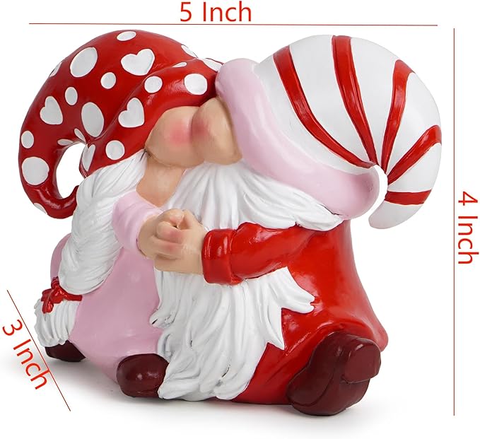 Hodao Valentine Gnome Couple Figurine - Hand-Painted Resin Kissing Gnomes with Heart Polka-Dot and Candy-Cane Hats - Romantic Decor and Gift for Anniversary or Wedding, Tiered Tray, Mantel, Tabletop
