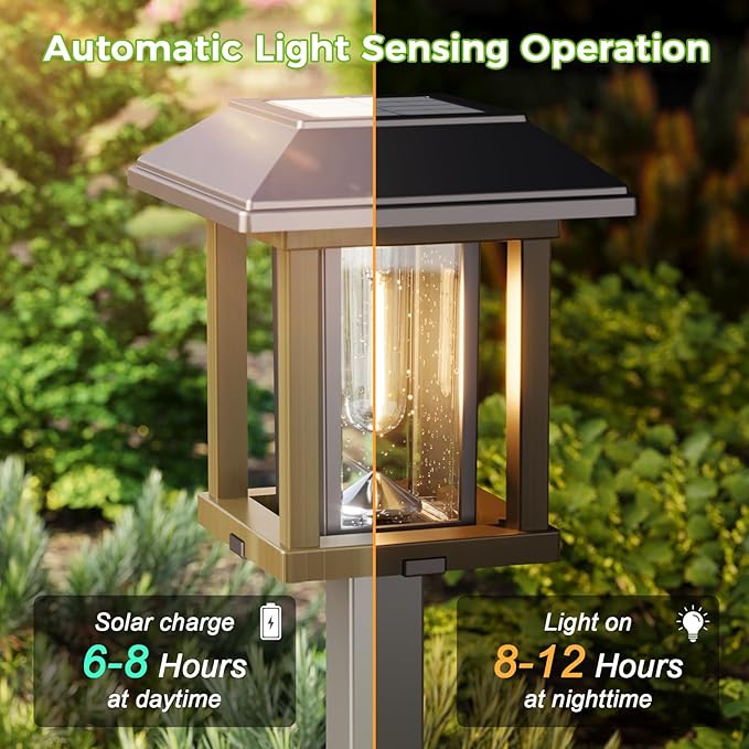 XMCOSY+ Solar Pathway Lights Outdoor Waterproof IP65 - Dual-Tone 25 LM LED Solar Garden Lights for Yard (Two-Tone Bronze & Wood Color, 2 Packs, Warm White)