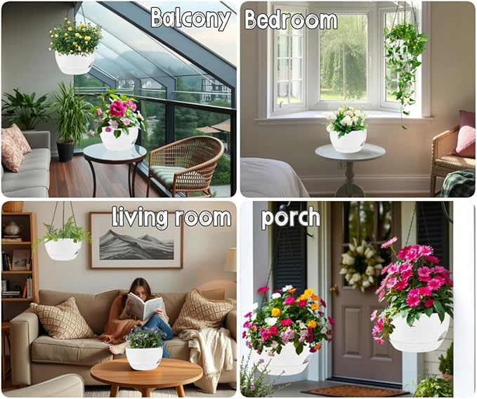 zople 2 Pack 12 Inch Large Hanging Planters with Chains Self Watering White Plastic Hanging Pots for Indoor Outdoor Plants, Garden Porch Home Decor，White