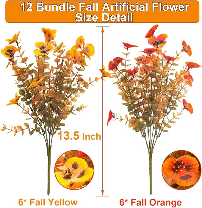 Grunyia 12 Bundles Artificial Flowers Outdoor Fake Fall Flowers for Outside Decoration UV Resistant Plastic Faux Plants for Garden Window Porch Balcony Fall Wedding Thanksgiving Decor(Mix)