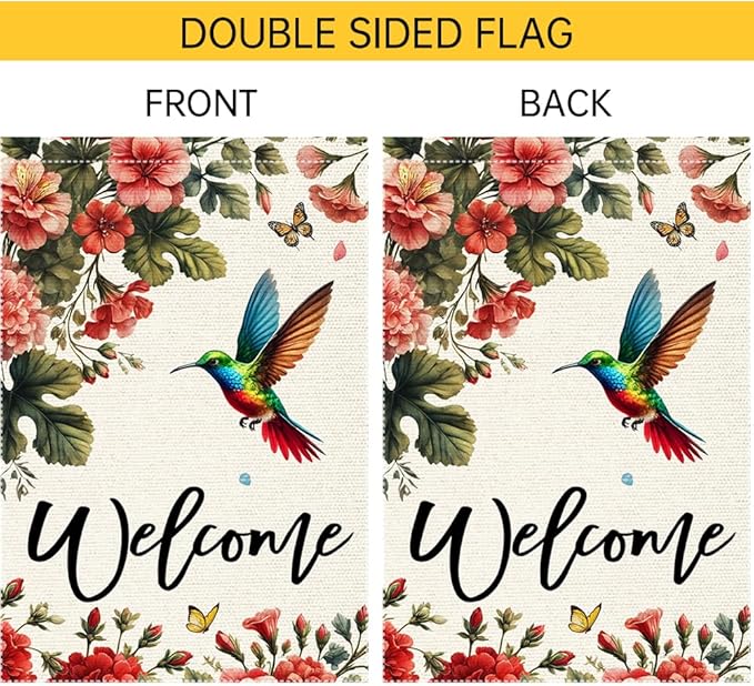 Welcome Hummingbird Garden Flag Outdoor Decor 12x18 Inch Double Sided Small Burlap Yard Outside Lawn Patio Rustic Farmhouse Seasonal Wildflowers Spring Summer Flags Decorations