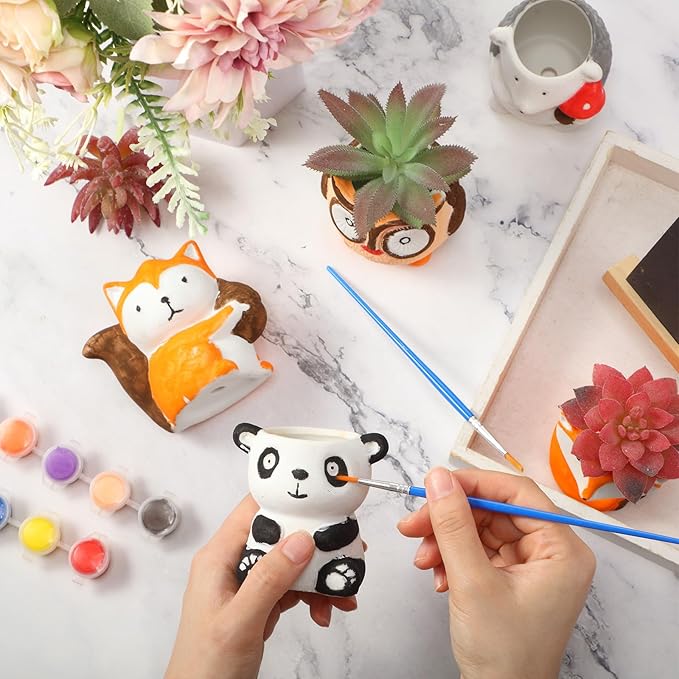 Sunnychicc 12 Sets DIY Ceramic Animal Succulent Pots Figurines Unpainted Ceramic Bisque Paintable Animal Flowerpots with Drainage Hole Ready to Paint for Kids Classroom Craft Project