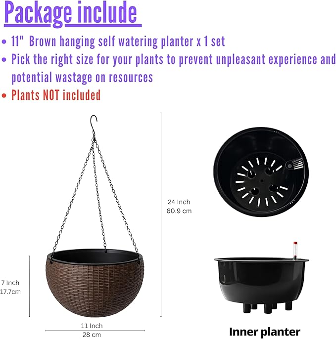 LaLaGreen Hanging Planters for Indoor Plants (11 Inch, 1 Pack) Brown Rattan Style Self-Watering Hanging Flower Pot with Water Level Indicator, Plastic Basket with Metal Chain for Balcony Porch Outdoor