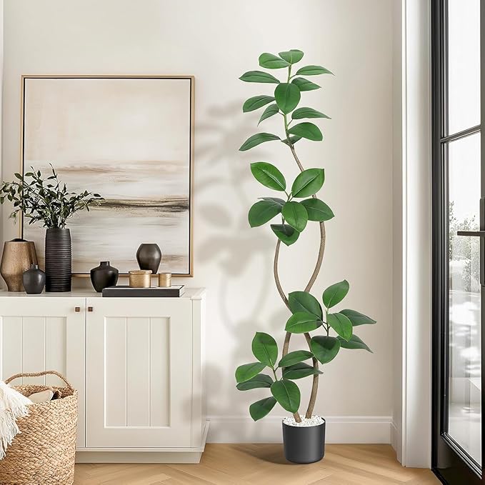 Artificial Rubber Tree for Home Décor – Tall Faux Fiddle Leaf Fig with Real Touch Leaves – Black or White Planter & White Stones – Lifelike Exotic Indoor Floor Plant – 7FT