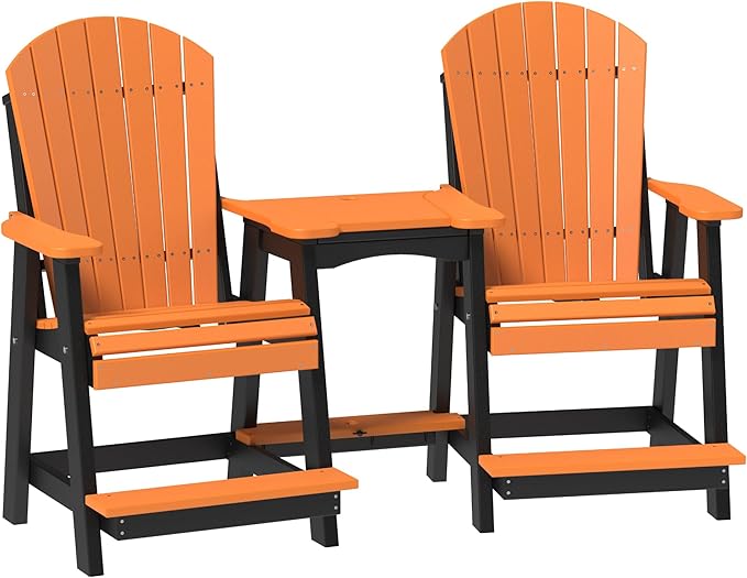 LuxCraft Poly Tete-a-Tete Patio Table and Counter Height Balcony Chairs with Umbrella Hole, Weatherproof Outdoor Patio Furniture Set for Outside - Amish Made in USA (Tangerine & Black)
