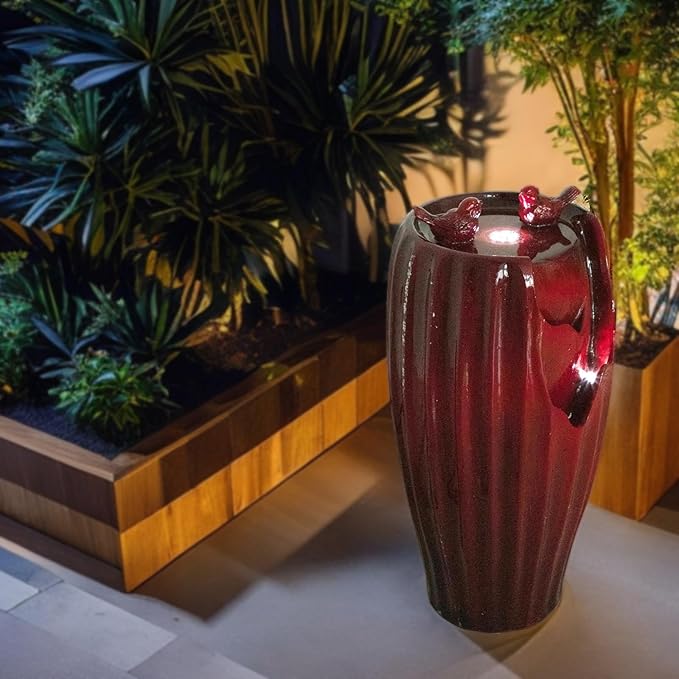 Ferrisland Red Fountain with LED Lights, 20" H Resin Vase Outdoor Freestanding Fountain with Adjustable Water Pump, Outside Garden & Backyard Decking Décor