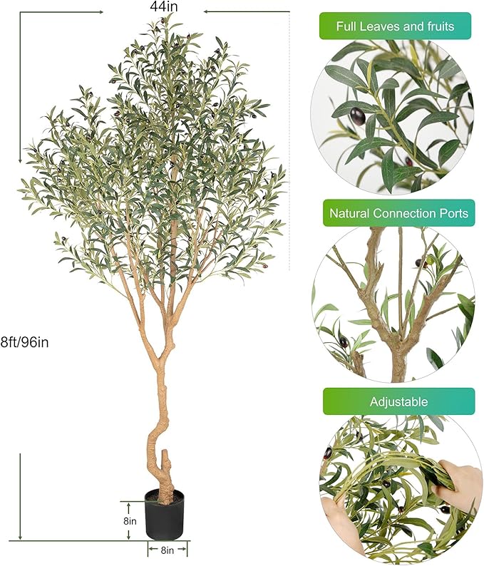 Nafresh Tall Faux Olive Tree，8ft（96in） Realistic Potted Silk Artificial Olive Tree， Fake Olive Trees Indoor with Green Leaves and Big Fruits for Home Office Living Room Stairs Patio Decor.