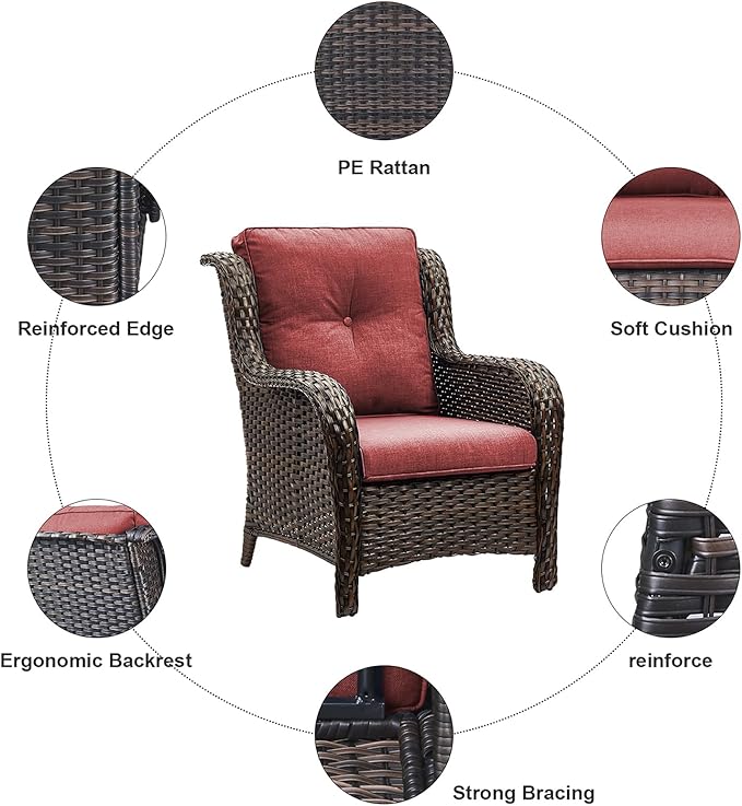 HUMMUH 3 Pieces Patio Bistro Set Wicker Patio Chairs Set of 2 with Tempered Glass Top Side Table Rattan Outdoor Furniture Conversation Set for Yard,Garden,Porch (Brown/Red)