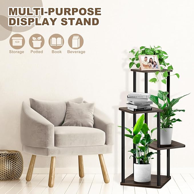 YOCOMEY 4 Tier Wood Tall Plant Stand Metal Rack Indoor, Multiple Flower Pot Holder Shelves Corner Rack, Planter Shelf Display Rack Storage Organizer for Patio Living Room Balcony Garden(Black Oak)
