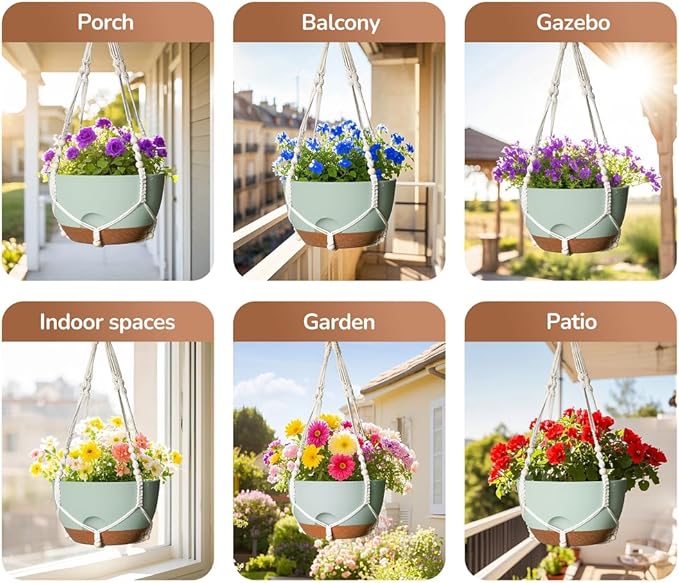 LESOASIS 12 Inch Hanging Baskets for Plants Outdoor, Hanging Planters for Indoor Outdoor Plants, Hanging Planter with Self Watering, Hanging Flower Pots (Green Planter with Macrame + Iron Hangers)
