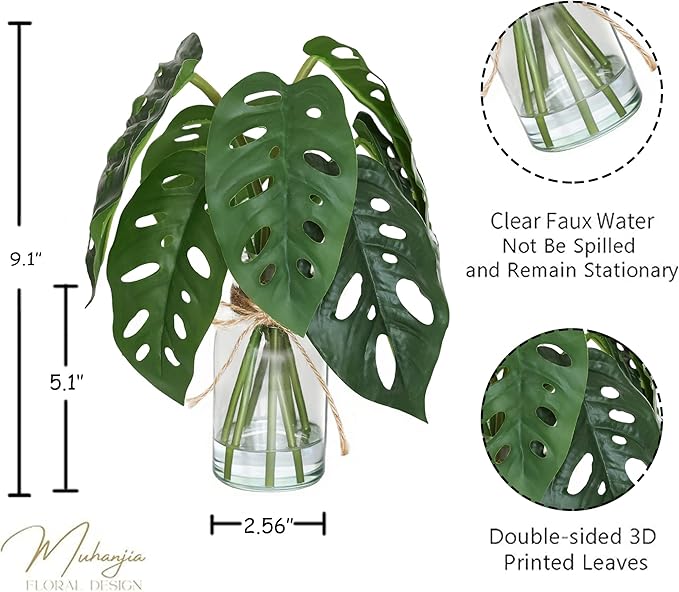 Muhanjia Artificial Flowers Turtle-Back, Alocasia Leaf, in Glass Vase with Faux Water,7Pcs Artificial Leaves Real Touch Latex Leaves for Centerpiece (2, Turtle-Back Leaf)