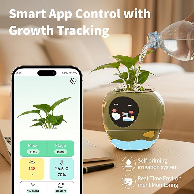 Plantbot Upgraded Large Smart Flower Pot Pet Planter Robot with Artificial Intelligence, Time Temperature Display, and Numerous Expressive Animations Based, for Indoor Decoration, Gifts (Green)