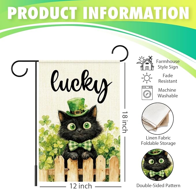 St Patricks Day Garden Flag 12x18 Inch Double Sided,Lucky Shamrocks Cat with Green Hat Outdoor Irish Decor House Porch Flag for St Patrick's Day Party and Yard Decorations