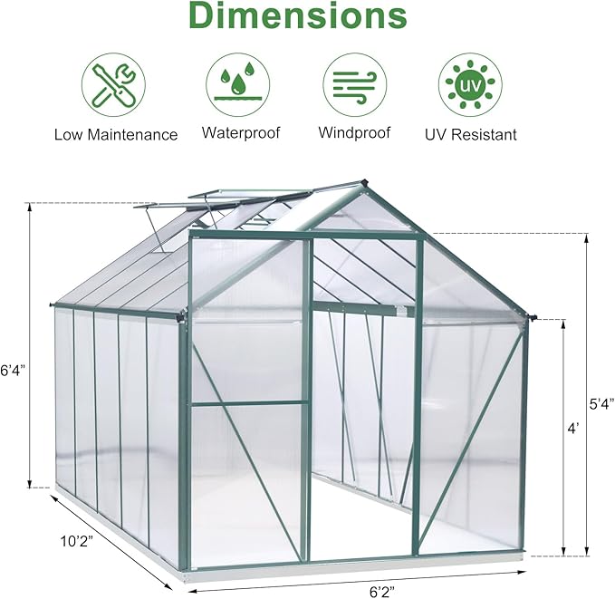 10x6 FT Polycarbonate Greenhouse for Outdoor, Heavy Duty Aluminum Frame Green House Kit with Double Vent Window Lockable Door, Transparent Panels, Walk in Plant Green Houses for Garden Patio