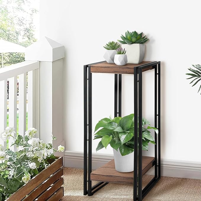 fusehome 27.5 inch Tall Plant Stand Table, 2 Tier Plant Shelves Indoor Flower Pots Stand Holder Modern Corner Plant Stand Rack Shelves Square Plant Tables for Office Living Room, Balcony, Brown