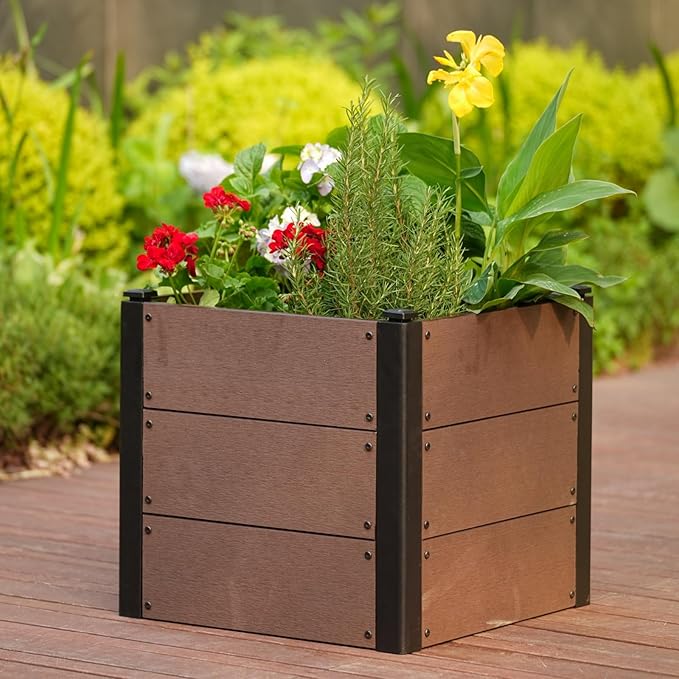 GarveeLife 19" x 19"x 17" Wood Look Raised Garden Bed with Bottom, Outdoor Planter Box for Vegetables & Herbs, Durable Composite Deep Root Bed for Vegetables, Flowers in Backyard, Patio