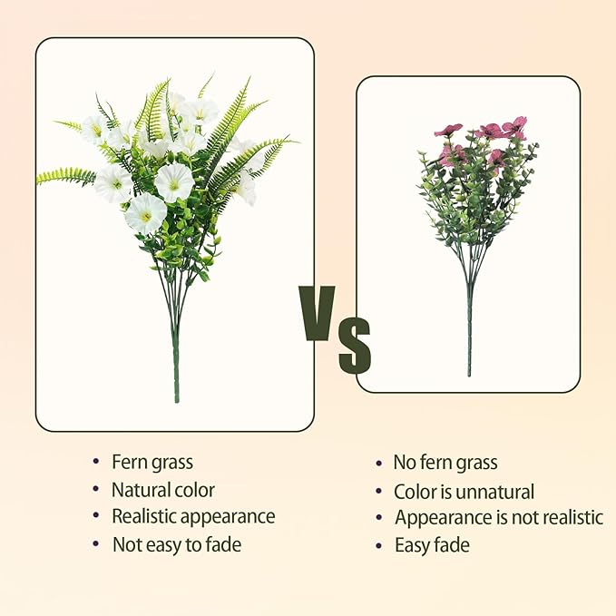 HIAGROW Artificial Flowers Outdoors 12 Bundles White Artificial Petunias Fake Flowers UV Resistant Shrubs Plants with Fern for Indoor Outside Hanging Planters Home Garden Summer Decorations