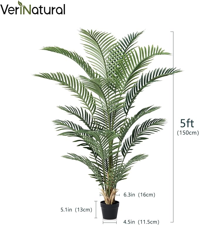VeriNatural Artificial Palm Tree 5FT Tall Palm Trees UV Resistant Fake Plant Large Potted Faux Tropical Areca Palm Floor Plants for Indoor Outdoor Home Living Room Porch Patio Decor 2 Pack, VN125