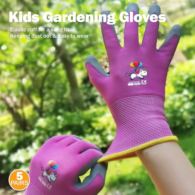 5 Pairs Kids Gardening Gloves Yard Work Gloves Children Soft Safety Rubber Coated Glove for Toddlers Youth Girls Boys Children (3-5yr S)