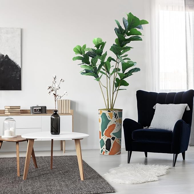 Artificial Tree in Modern Geometric Pattern Planter, Fake Ficus Lyrata Silk Tree for Indoor and Outdoor Home Decoration - 66" Overall Tall (Plant Pot Plus Tree)