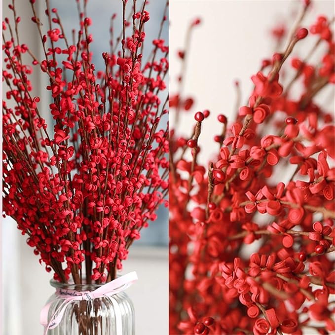 5 Pcs Valentine's Day Flowers Artificial Red Flowers 29.5" Long Stems Patriotic Picks with Mini Red Berry for DIY Floral Art Plant Wedding Home Office Table Decorations