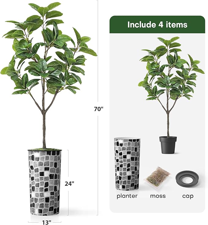 Artificial Tree in Modern Geometric Pattern Planter, Fake Rubber Silk TRE for Indoor and Outdoor Home Decoration - 70" Overall Tall (Plant Pot Plus Tree)