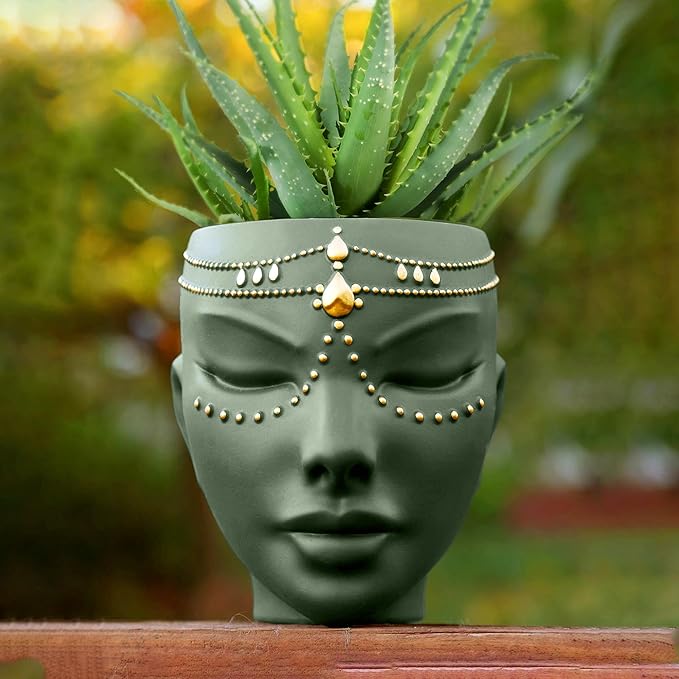 Head Planter - Indoor & Outdoor Home Decor Gifts for Plant Lovers - for Flat Surface or Wall Mount - Unique Face Planter for Flowers, Succulents, & More (7 inch, Serena Design, Green)