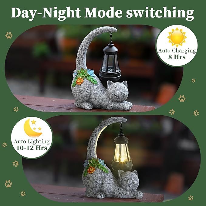 Ploxoiven Garden Cute Cat Gnome Statue Decorations - Solar Resin Cat wtih Solar Garden Lights Outdoor Decorations Waterproof for Patio,Yard,Lawn,