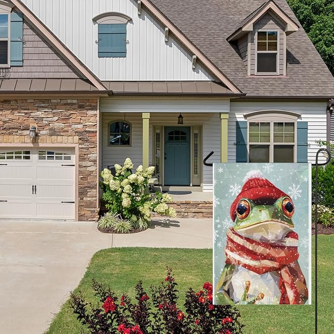 Frog with Red Scarf and Hat Snowflake Christmas Garden Flag, 28x40 Inch Double Sided Linen Holiday Red Winter Farmhouse Yard Outdoor Decoration (4342)