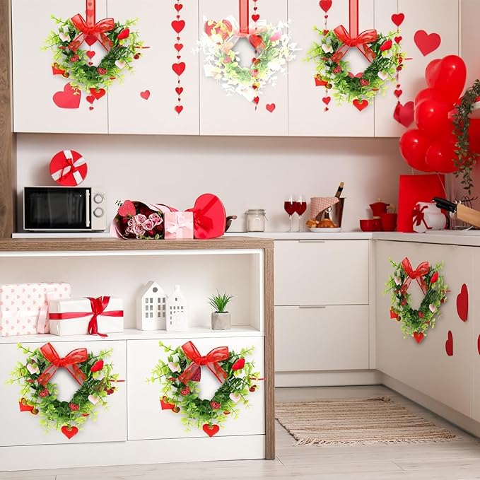 6 Sets Valentine's Day Heart Wreath Artificial Red Berries Heart Swag Kitchen Cabinet Wreaths Hanging Valentines Day Wreaths for Front Door Window Wedding Birthday Home Decoration