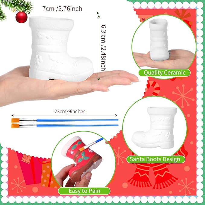 Pasimy 6 Set Ceramics to Paint DIY Ceramic Succulent Planter Pots Paint Your Own Flower Pots Craft Kit Unpainted Bisque Flowerpot with Brush Palette for Family Activity Holiday Gifts(Christmas Boot)