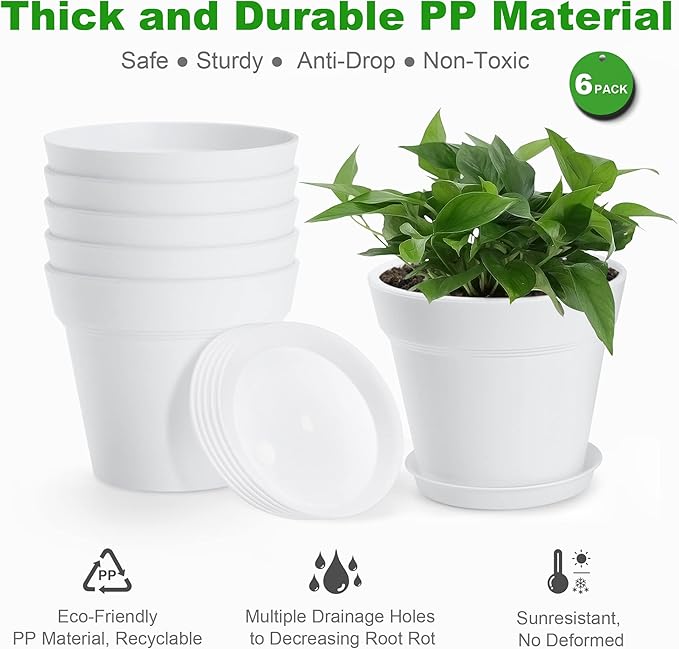FHWTY 6 Pack Plastic Plant Pots with Drainage Holes and Tray, 7 inch Thickened Indoor Planters Seedlings Nursery Pots for Flowers, African Violet, Succulent and All House Plants, White