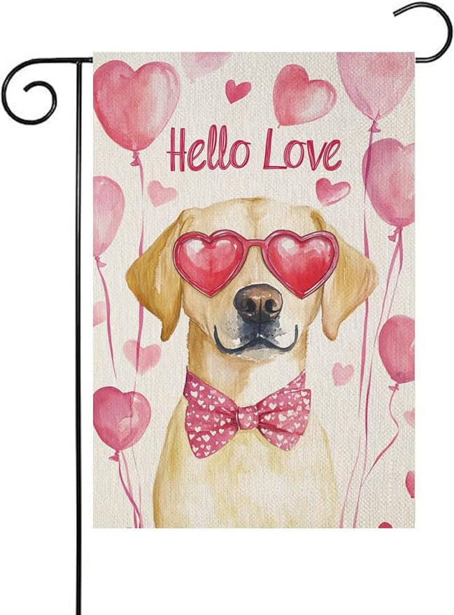 Valentine's Day Labrador Retriever Hello Love Garden Flag, House Yard Plaid Love Heart Outside Decoration, Spring Holiday Wedding Anniversary Outdoor Small Decor 12x18(12631)
