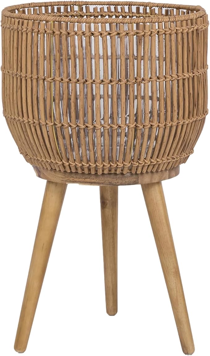 13 Inch Round Brown Resin Rattan Planter & Stand with Acacia Wood Legs, Decorative Indoor Outdoor Plant Pot for Patio & Living Room