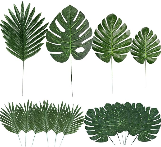60 Pieces 4 Kinds Artificial Palm Leaves with Faux Stems Tropical Plant Leaves Monstera Leaves Safari Leaves for Hawaiian Luau Party Jungle Beach Table Leave Decorations