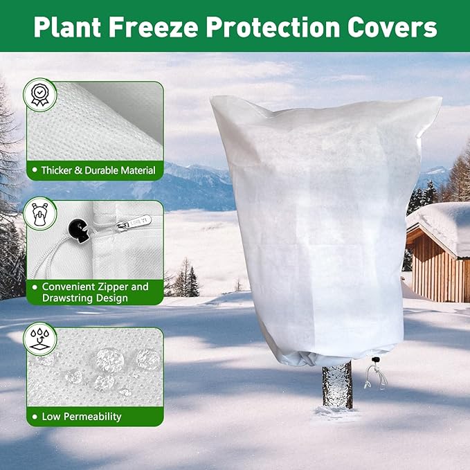 4 Pack Winter Plant Covers Freeze Protection, 47 "x 31" Thickened Frost Blankets for Outdoor Plants, Fruit Trees, Shrubs & Potted Plants | Reusable Cloth Plant Covers Jacket with Drawstring-White