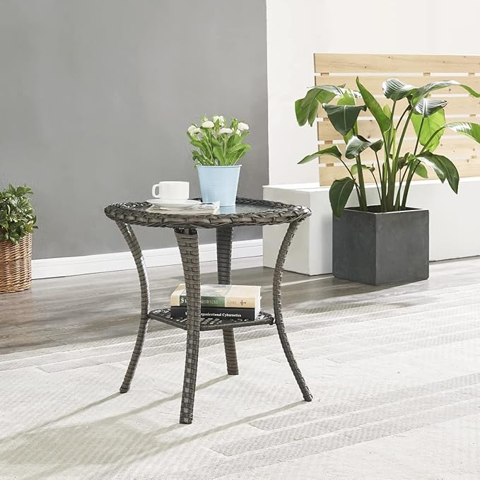 HUMMUH 3 Pieces Patio Bistro Set Wicker Patio Chairs Set of 2 with Tempered Glass Top Side Table Rattan Outdoor Furniture Conversation Set for Yard,Garden,Porch