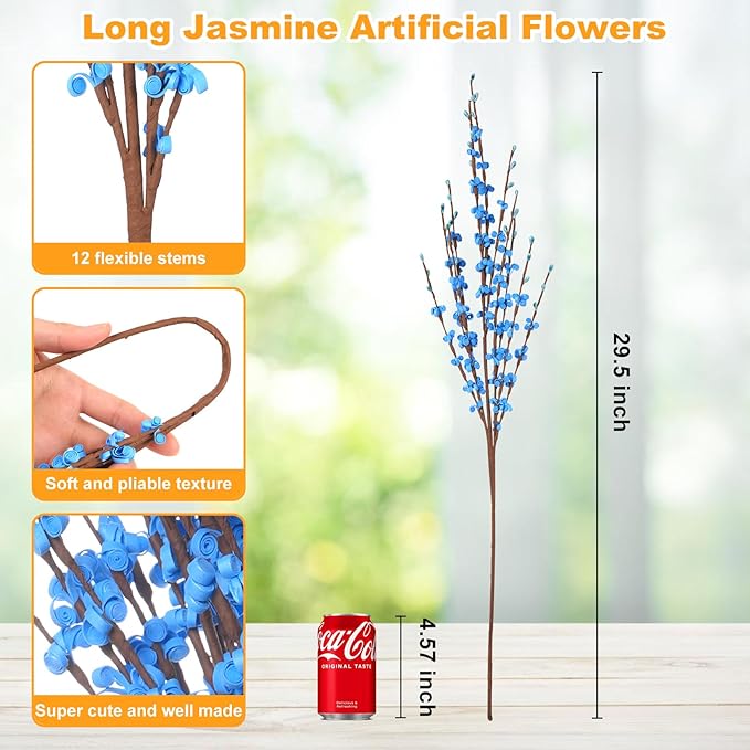 10 Pcs 29.5" Long Jasmine Artificial Flowers Fake Flowers Dry Branches Stem for Home Office DIY Floral Art Plant Wedding Table Centerpieces Party Vase Decoration (Macaron Blue)