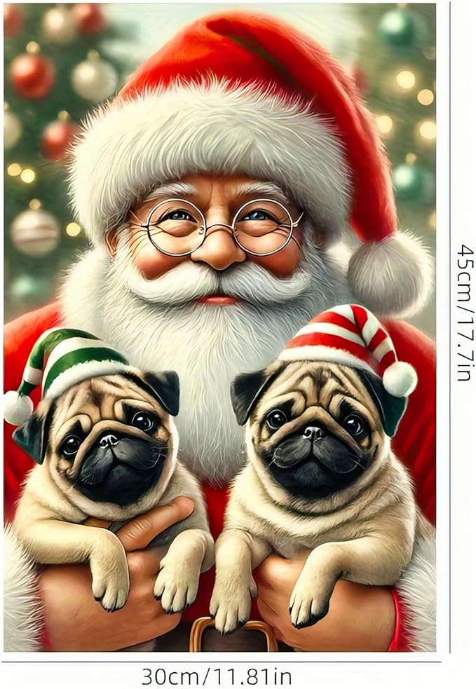 Christmas Garden Flag 12x18 Inches - Double-Sided Santa Claus with Adorable Pugs in Holiday Hats, Weatherproof Outdoor Decoration for Lawn and Garden