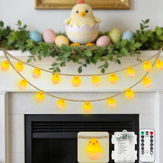 Easter Decoration String Lights, 10 FT 12 LED Eggshell Chicken Mantel Garland Battery Operated with Remote Timer 8 Modes, Hemp Rope Banner for Fireplace Table Wall Spring Party Indoor Outdoor Decor