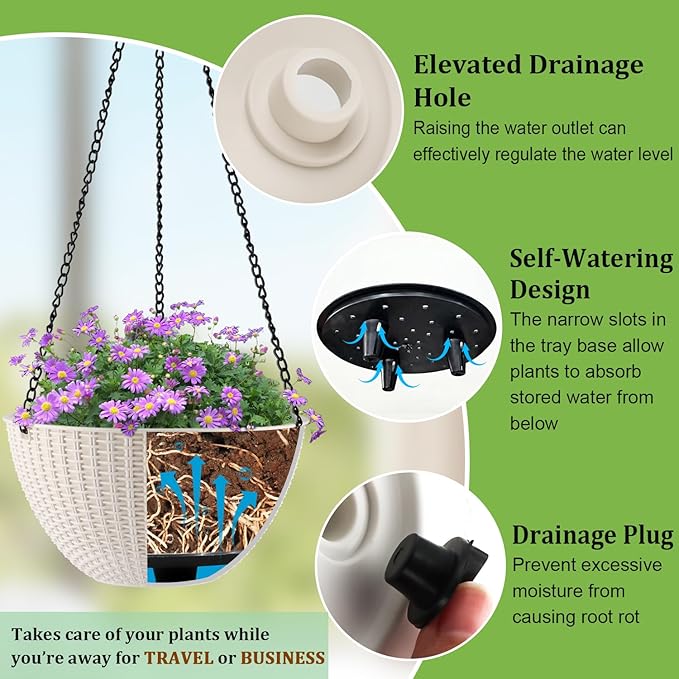 RooTrimmer Hanging Planters for Indoor Outdoor Plants 8 and 10 Inch, 4 Packs Hanging Flower Pot with Drainage Holes, Self-Watering Hanging Basket Perfect for Home, Office and Garden, White