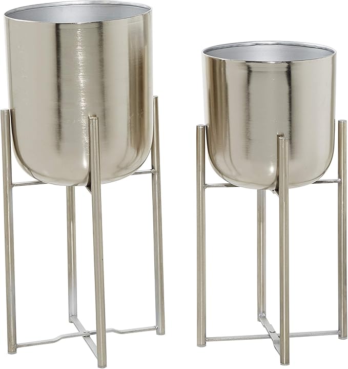 Deco 79 Metal Indoor Outdoor Planter Deep Recessed Dome Large Planter Pot with Removable Stand, Set of 2 Planters 19", 22"H, Silver