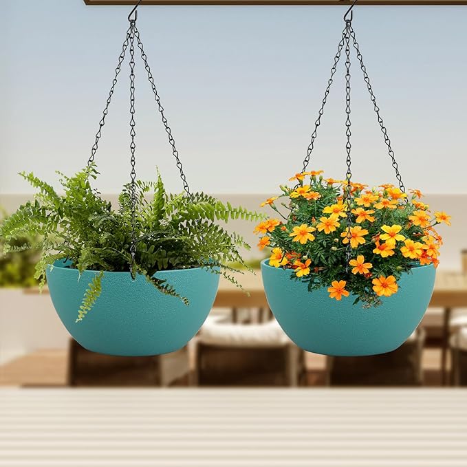 Meowell 12 inch Large Hanging Planters for Indoor Outdoor Plants, 2 Pack Hanging Flower Plant Pots with Drainage Holes and Chain for Garden Porch, Plastic Hanging Baskets for House Plants, Blue Green