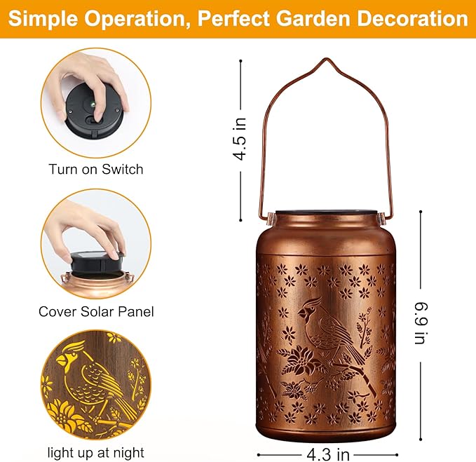 Cardinal Solar Lanterns Outdoor Waterproof Garden Decor, Christmas Cardinal Birthday Gifts for Women Mom Grandma,Hanging Metal Solar Lanterns LED Decoration(01-Red Bird)