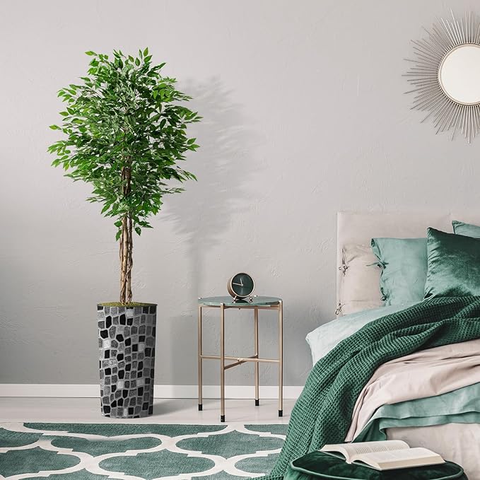 Artificial Tree in Modern Geometric Pattern Planter, Fake Ficus Silk Tree for Indoor and Outdoor Home Decoration - 75" Overall Tall (Plant Pot Plus Tree)