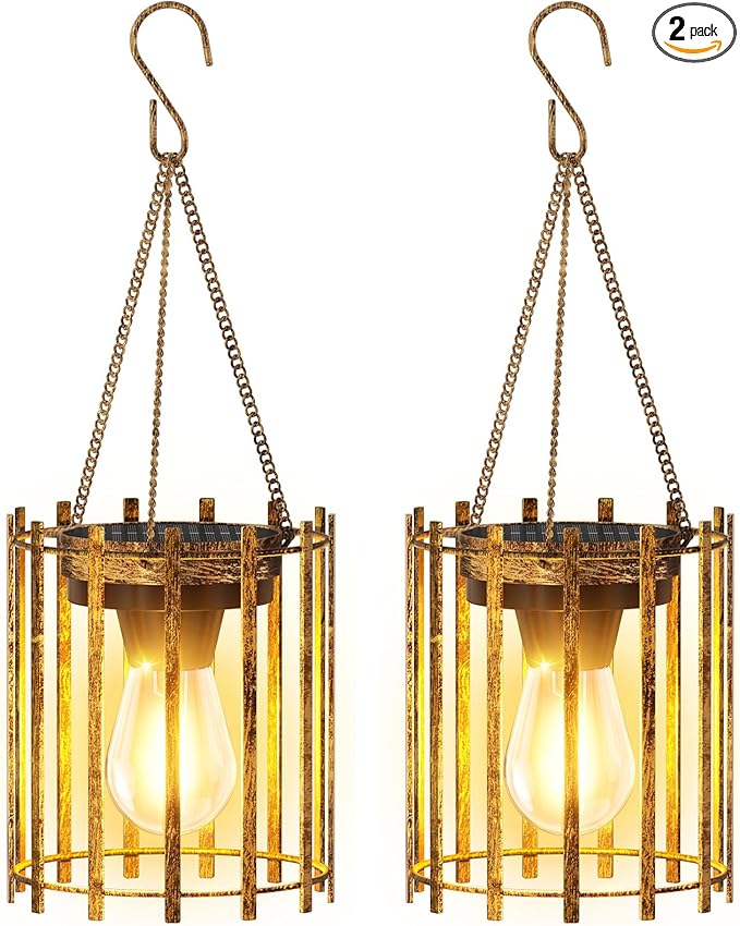 KOOPER Solar Lanterns Outdoor Waterproof, 2 Pack Bronze Upgraded Bright Hanging Solar Lights Outdoor Lantern Decorative, Auto ON/Off Metal Hanging Lanterns for Pathway Yard Patio Garden Decor
