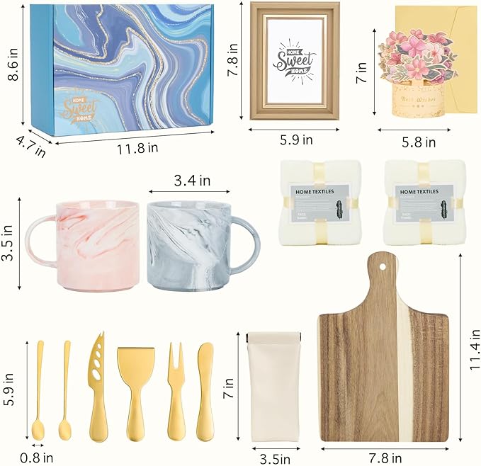 15Pcs Luxury House Warming Gifts New Home, Housewarming Gift Basket for Couples Friends First Apartment, Closing Gifts for Home Buyers, with Unique 3D Card Acacia Cutting Board Gold Cheese Knives